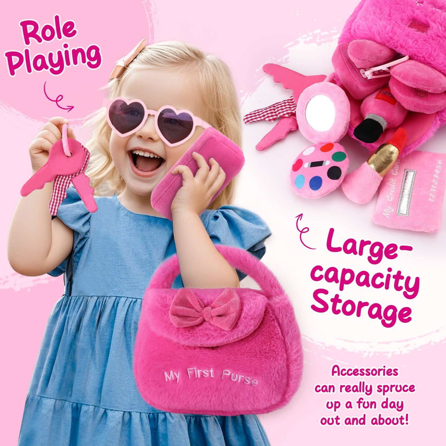 Golray Plush Toddler Purse Baby Girl Pretend Play Toy - 10 Pcs My First Purse with Soft Sensory Toy Smartphone/Crinkle Makeup Beauty Playset for Toddler Baby Girl Christmas Birthday Gift Ages 3 4 5
