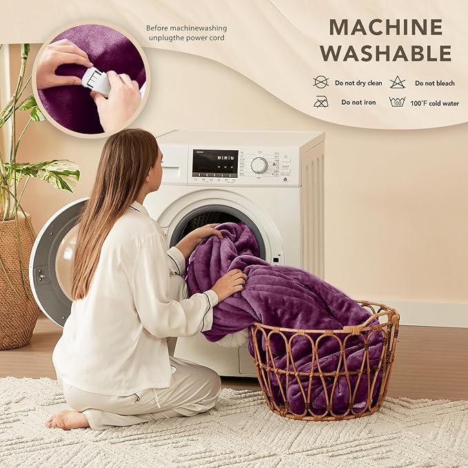 Homemate Electric Heated Blanket Queen - 84"x90" Heating Bed Blankets Throw with 10 Heating Levels 8 Hours Auto Off Fast Heating Over-Heated Protection Ultra Soft Warm Flannel ETL Certified Purple