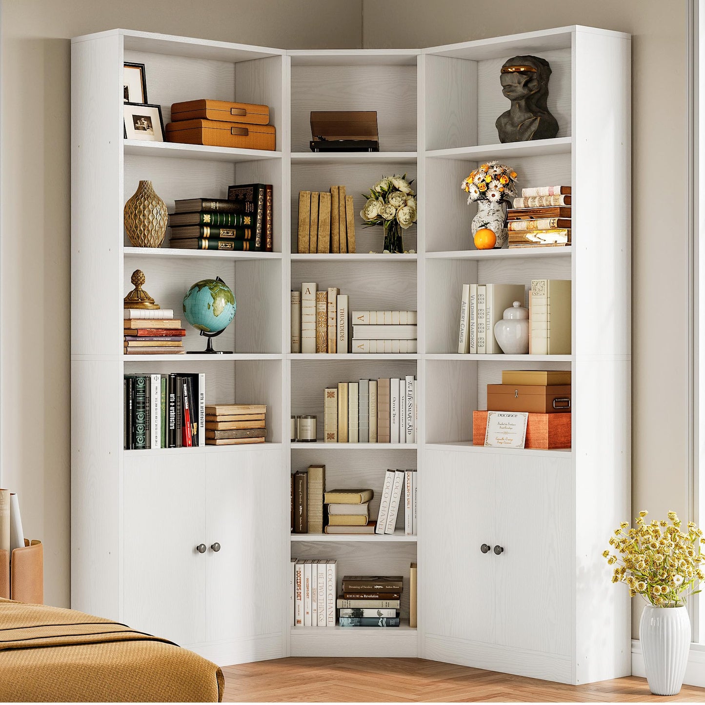 IRONCK Corner Bookshelf and Bookcase with 2 Storage Cabinets and 7 Tier Shelves, 71" Height Storage Shelves Corner Combination, White