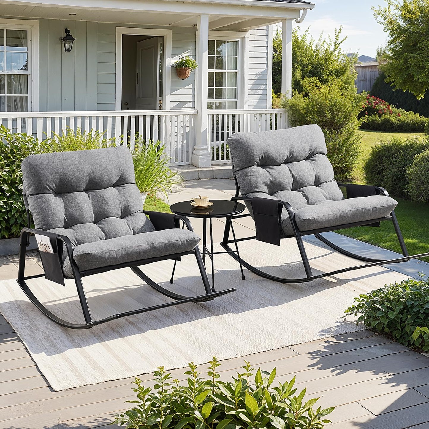 Outdoor Rocking Chair, Oversized Papasan Chair with Padded Cushion, Indoor & Outdoor Rocker Chair for Living Room, Bedroom, Patio, Garden, Gray