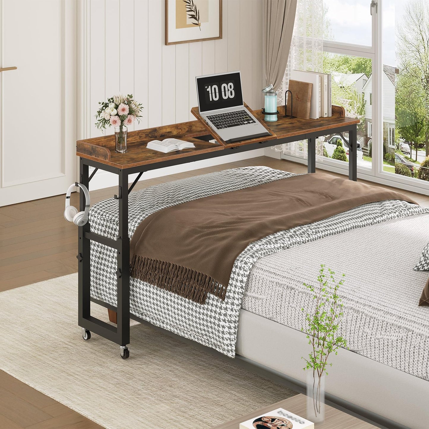 MAHANCRIS Overbed Table with Wheels, Adjustable Height Rolling Table, Mobile Bed Desk for Queen Bed, Computer Desk with Tilt Stand, Bookshelf, Cup Holder, Hooks, Rustic Brown MTHR18101