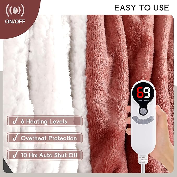 Heated Blanket Electric Blanket Full Size 72''x84'' with 9 Heating Levels, 1-10 Hour Auto Shut Off, Machine Washable, Flannel & Sherpa Soft Warming Blanket for Couch, Bed, Office - Brick Red