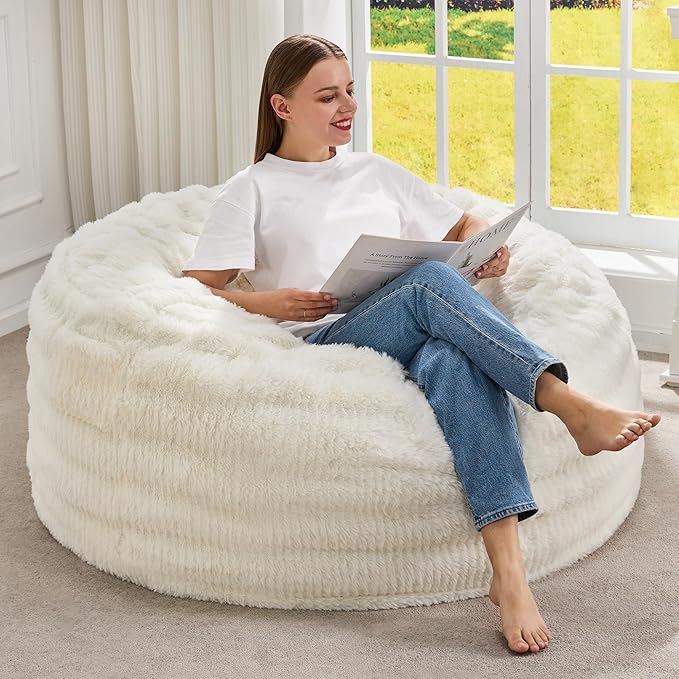 Hobestluk Bean Bag Chairs Beanbag Chair with Filler Adult Bean Bags with Fluffy Ripple Cover, Giant Bean Bag Chairs for Adults (White, 3FT - 36" x 36" x 22")