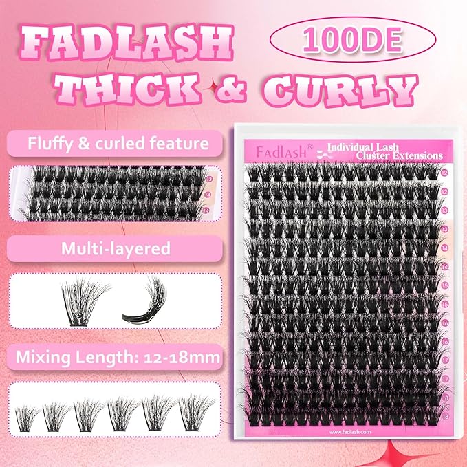 FADLASH Lash Extension Kit 100D Lash Clusters D Curl Lash Cluster Kit DIY Eyelash Extension Kit with Lash Bond and Seal Lash Applicator Tool 3D Effect fluffy Cluster Lashes(100D Kit, Mix 12-18mm)