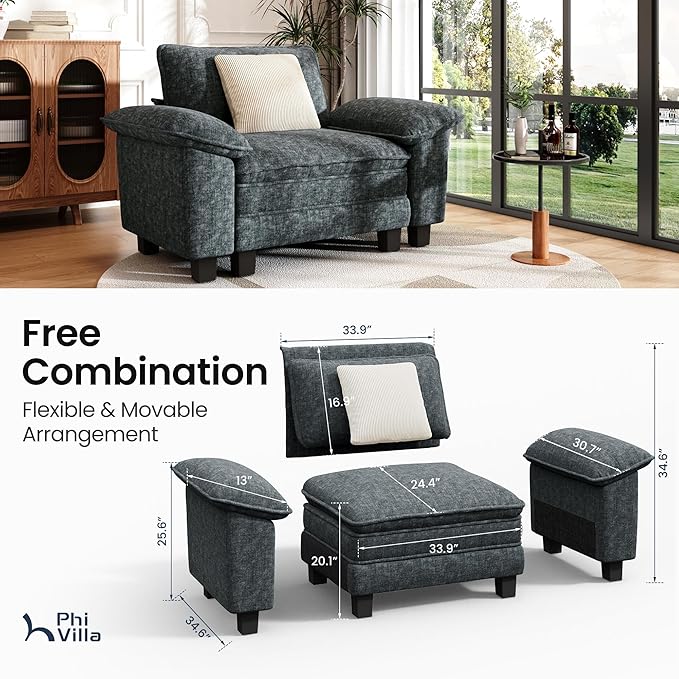 PHI VILLA Oversized Single Sofa Chair, 1 Seater Comfy Sofa with Deep Seat for Reading Nook Bedroom Small Spaces, Chenille Fabric, Dark Cyan