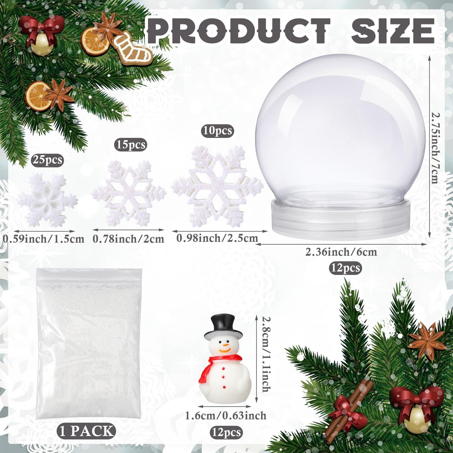 Cinnvoice 75 Pcs Winter Christmas Plastic Snow Globes Kit Includes 12 Snow Globe 12 Mini Snowman Figurines 50 Mini Resin Snowflakes and Artificial Snow for Xmas DIY Crafts Make Your Own Snow Globe
