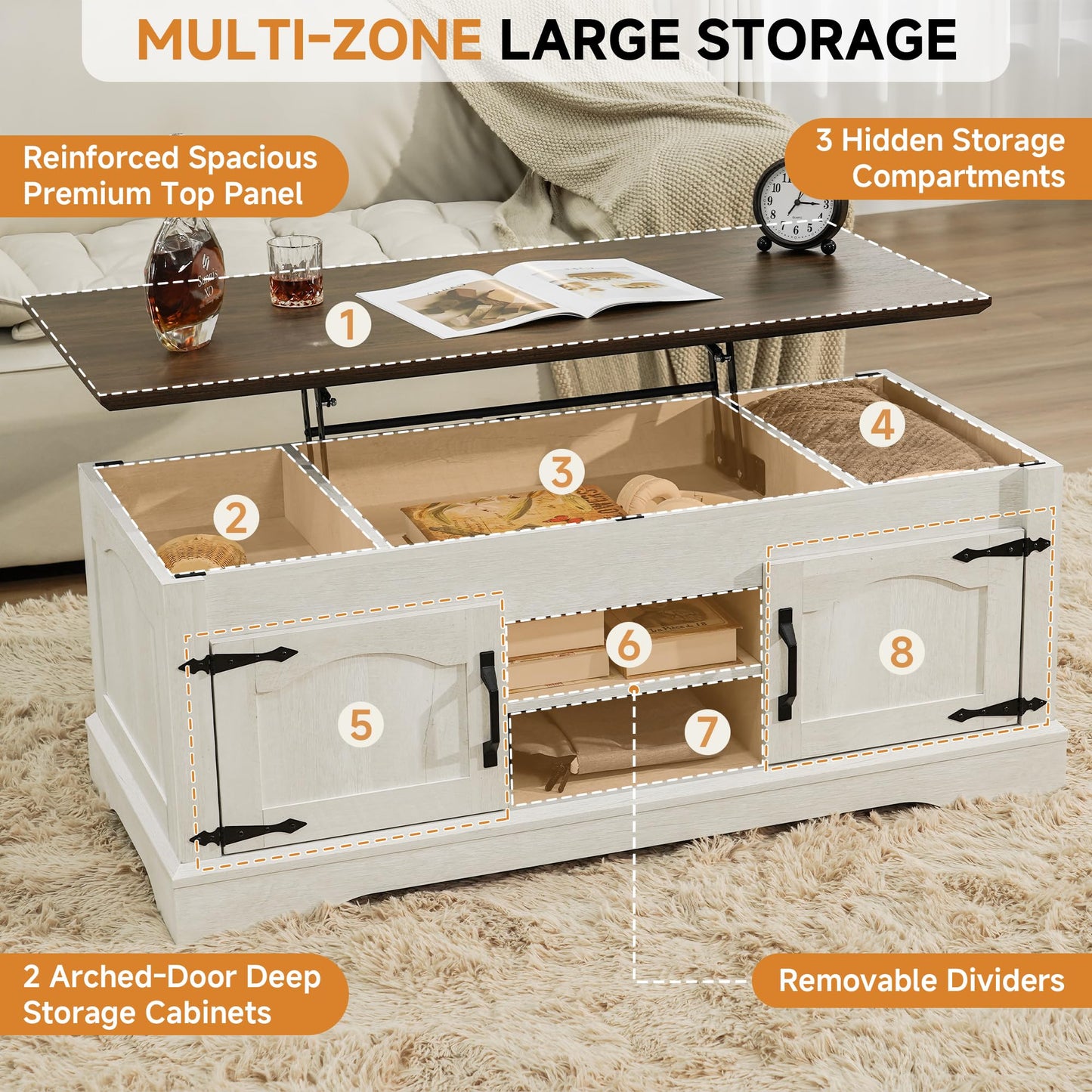 Farmhouse Coffee Table, 47.24 inches Wide Lift Top Coffee Table with Storage, Living Room Coffee Tables with Large Hidden Compartment, Warm White Walnut