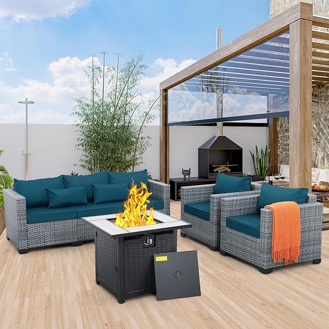 4 Piece Wicker Patio Furniture Sets Outdoor Conversation Set PE Rattan Sectional Sofa Couch with Fire Pit Table and Peacock Blue Cushions