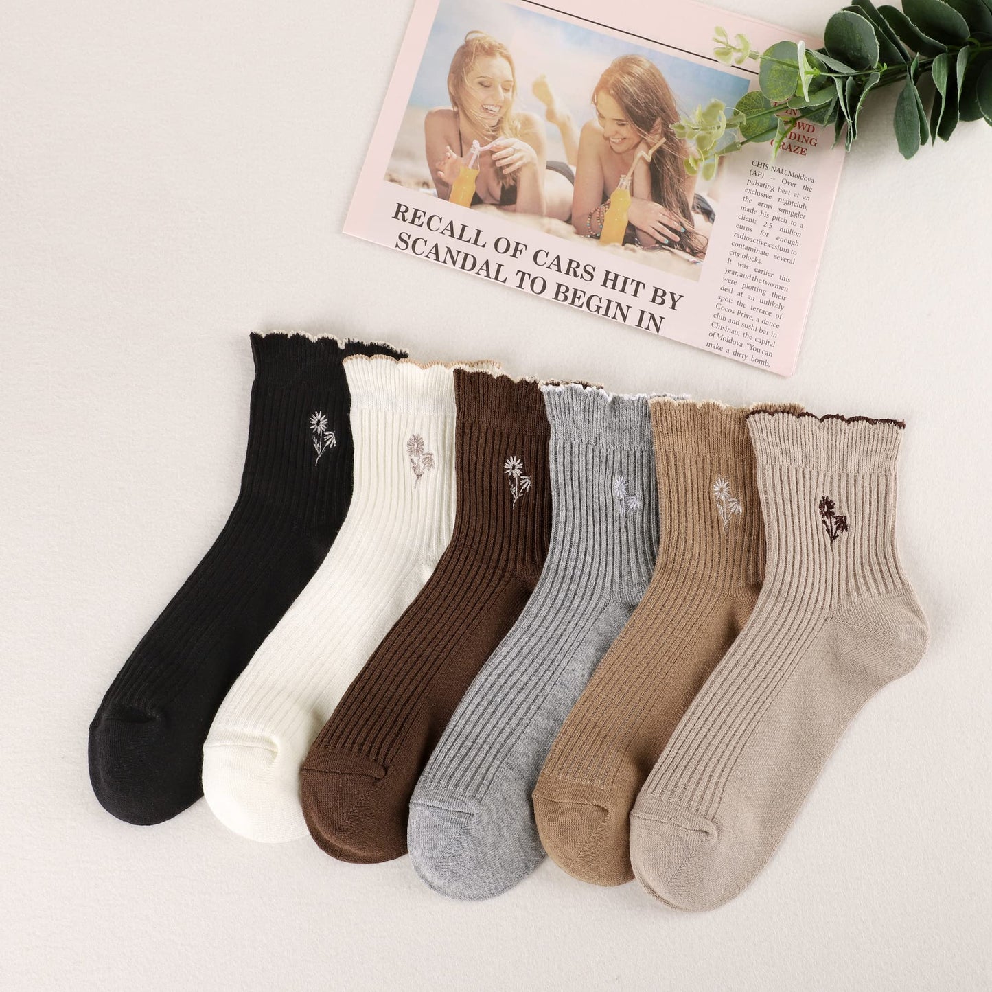 Mcool Mary Women's Ruffle Socks,Casual Cute Flower Embroidered Ankle Breathable Cotton Knit Lettuce Crew Frilly Socks for Women 6 Pack