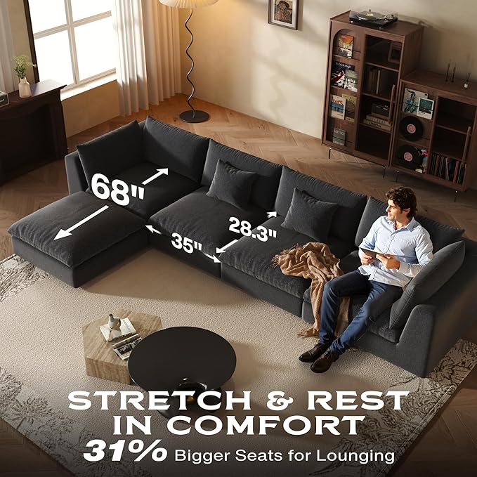 Fajiani Oversized Modular Sectional Sofa, Cloud Couch Deep Seat Sofa Cushion Covers Removable, Oversized Sectional Couches for Living Room (6 Seater-Dark Gray)