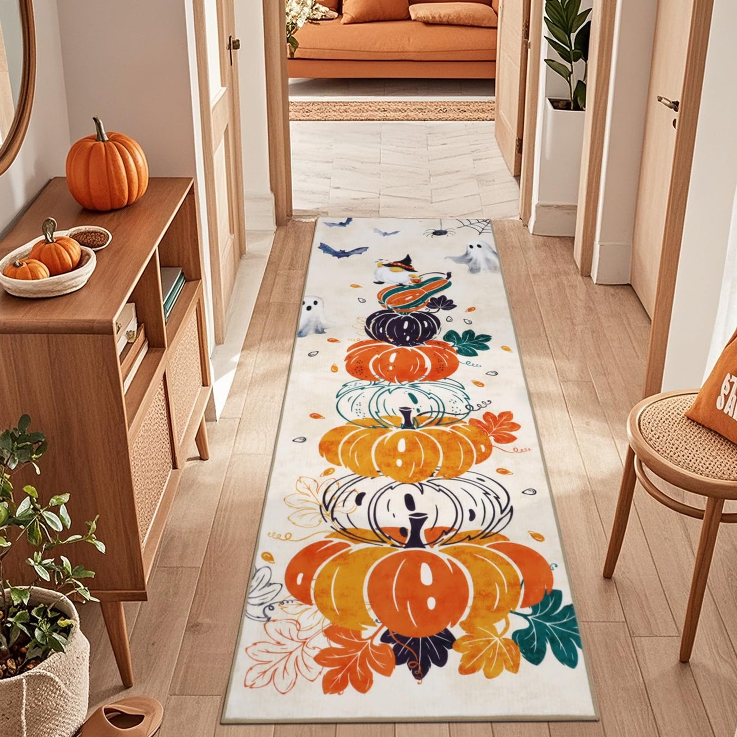 Geanlod Pumpkin Fall Runner Rugs for Hallway 2x6Ft Non Slip, Autumn Halloween Washable Kitchen Rug Runners, Beige Low Pile Bedroom Floor Carpets for Entryway Laundry Bathroom Living Room Holiday Decor