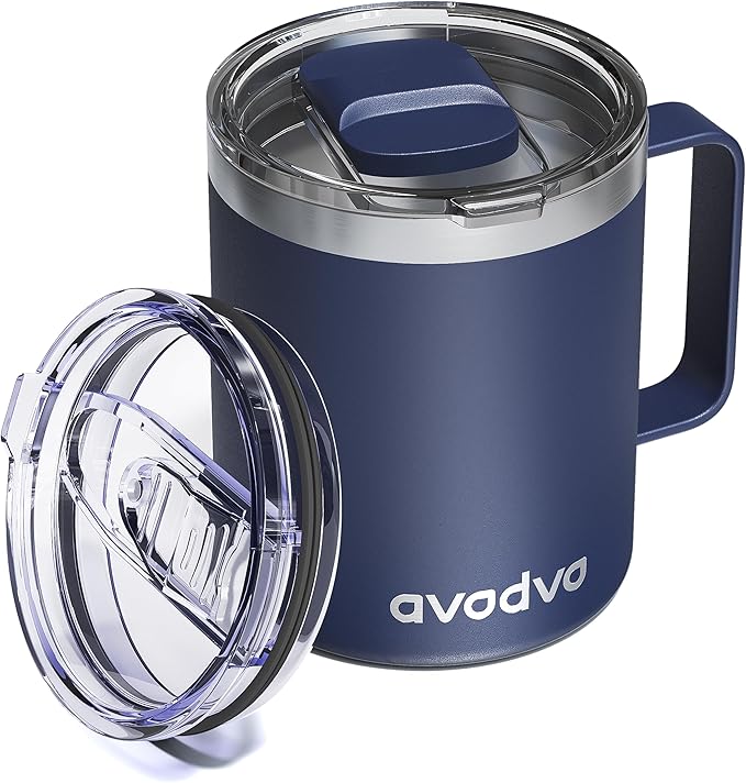 avodvo 12oz Insulated Coffee Mug with Lid – Includes Two Lids, Stainless Steel Coffee Travel Mug with Handle, Double Wall ...