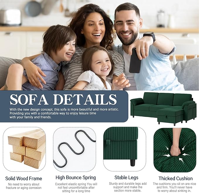 Meilocar Sectional Sofa Couch for Living Room, 79" Sectional Couch with Storage Ottoman, L Shaped Couches with Armrests Side Storage Pockage, 3-Seat Sofa Couches for Living Room, Apartment, Green
