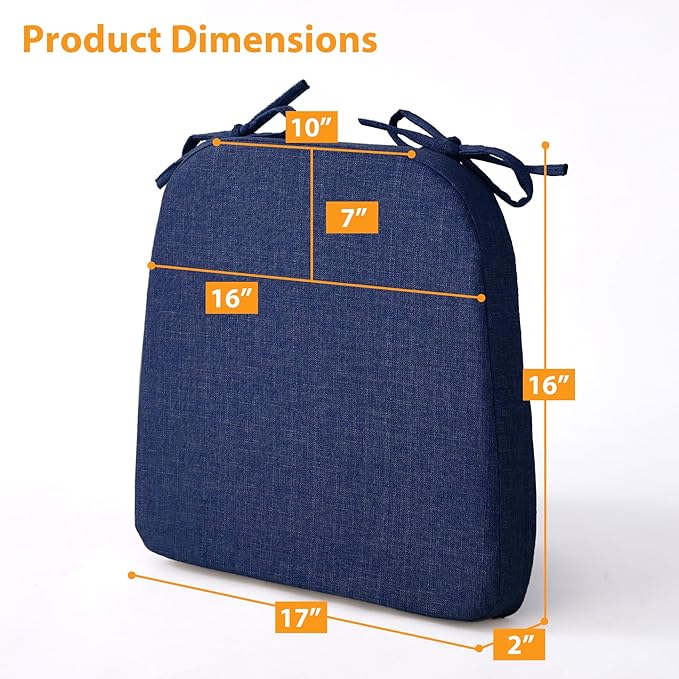 Ruqmuis Chair Cushions for Dining Chairs, 2" Thick Seat Cushions for Kitchen Chairs, D-Shaped Chair Pads with Washable Cover, Ties and Non Slip Backing, 17'' x 16'', Set of 2, Blue