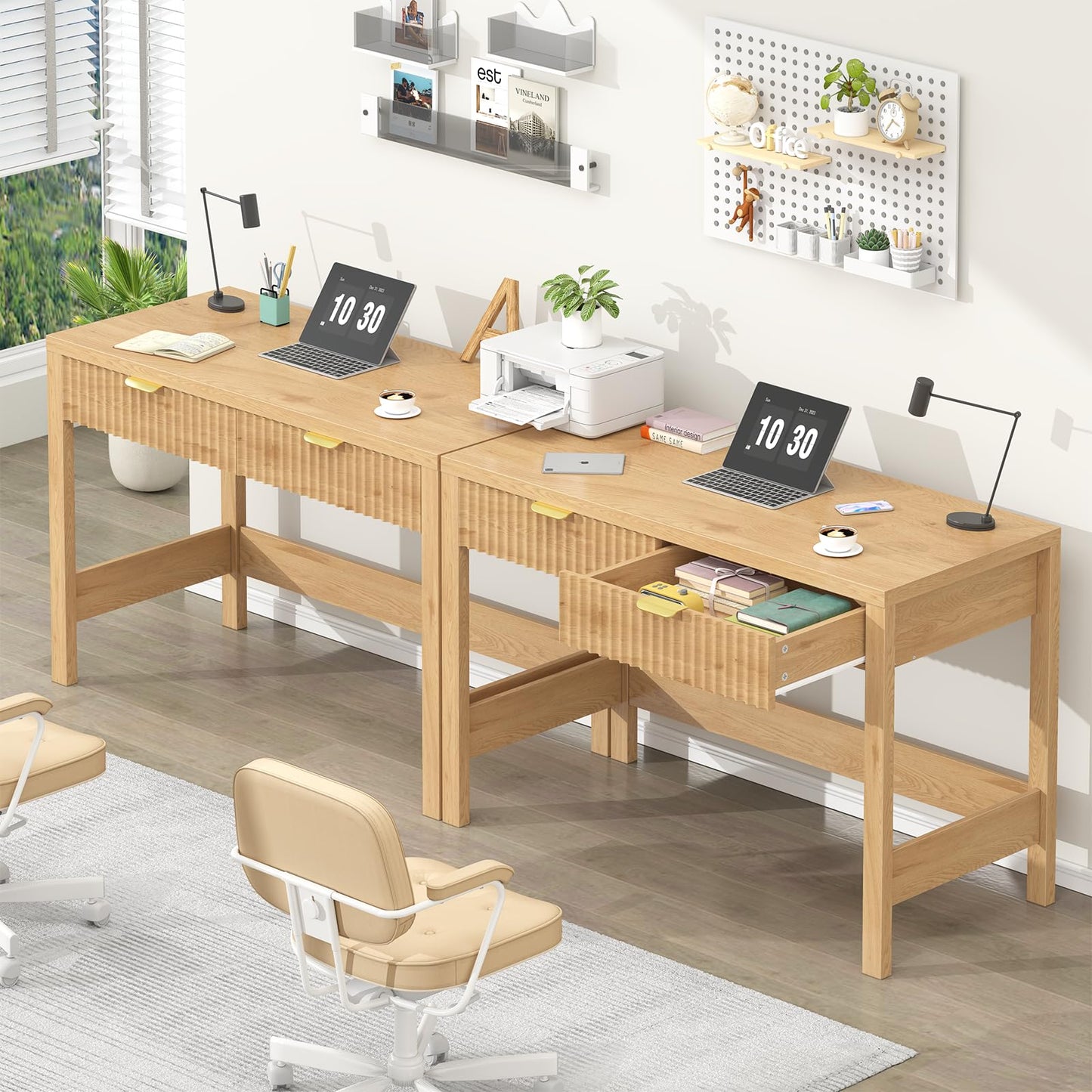 YOMILUVE Fluted Computer Desk with 2 Drawers, 39 Inch Small Computer Desk with Power Outlets, Compact Writing Study Desk for Small Spaces
