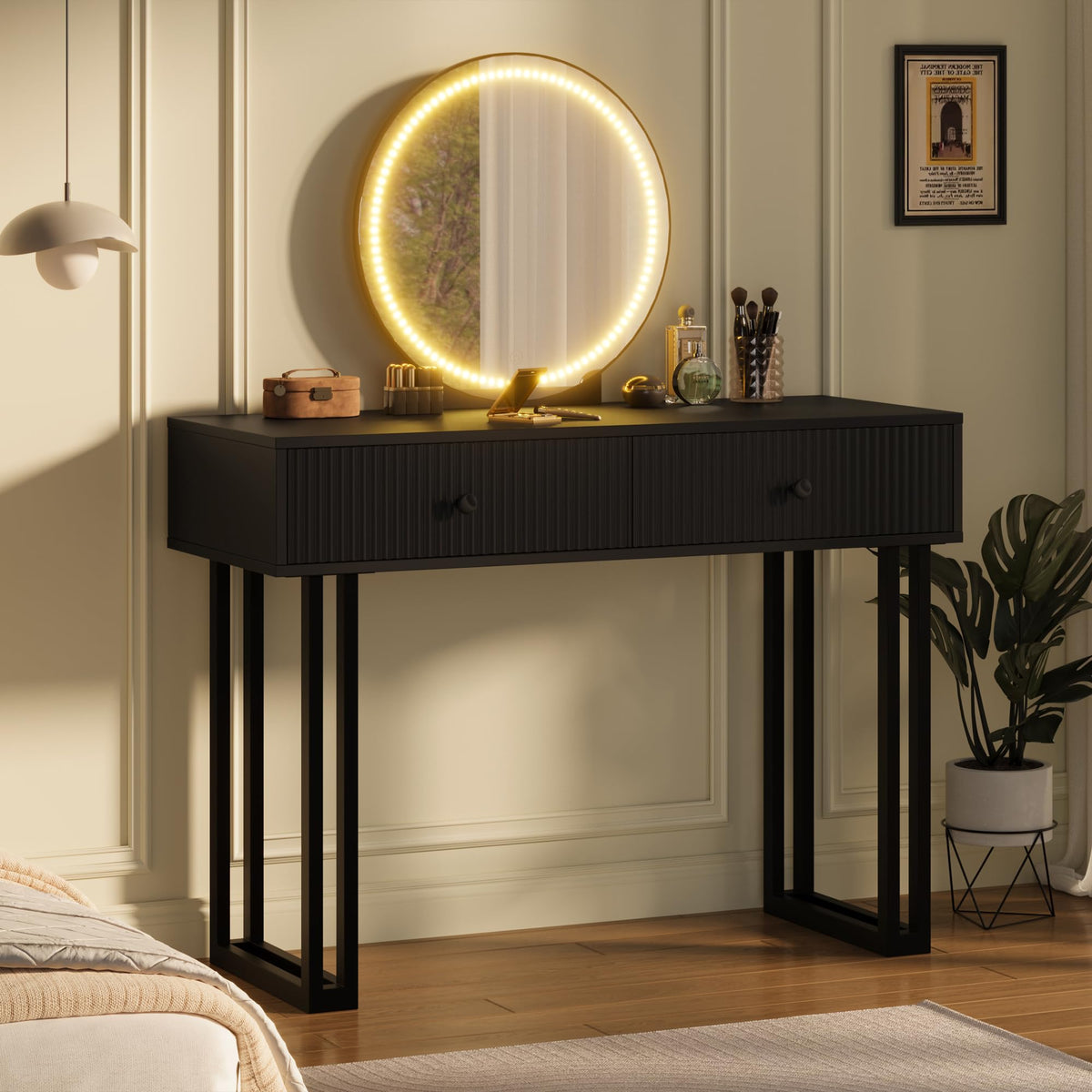 Black Vanity Desk with Mirror and Lights, Small Makeup Vanity with 2 Drawers, Modern Vanity Organizer with 3 Color Lights＆Adjustable Brightness, Dressing Table for Bedroom