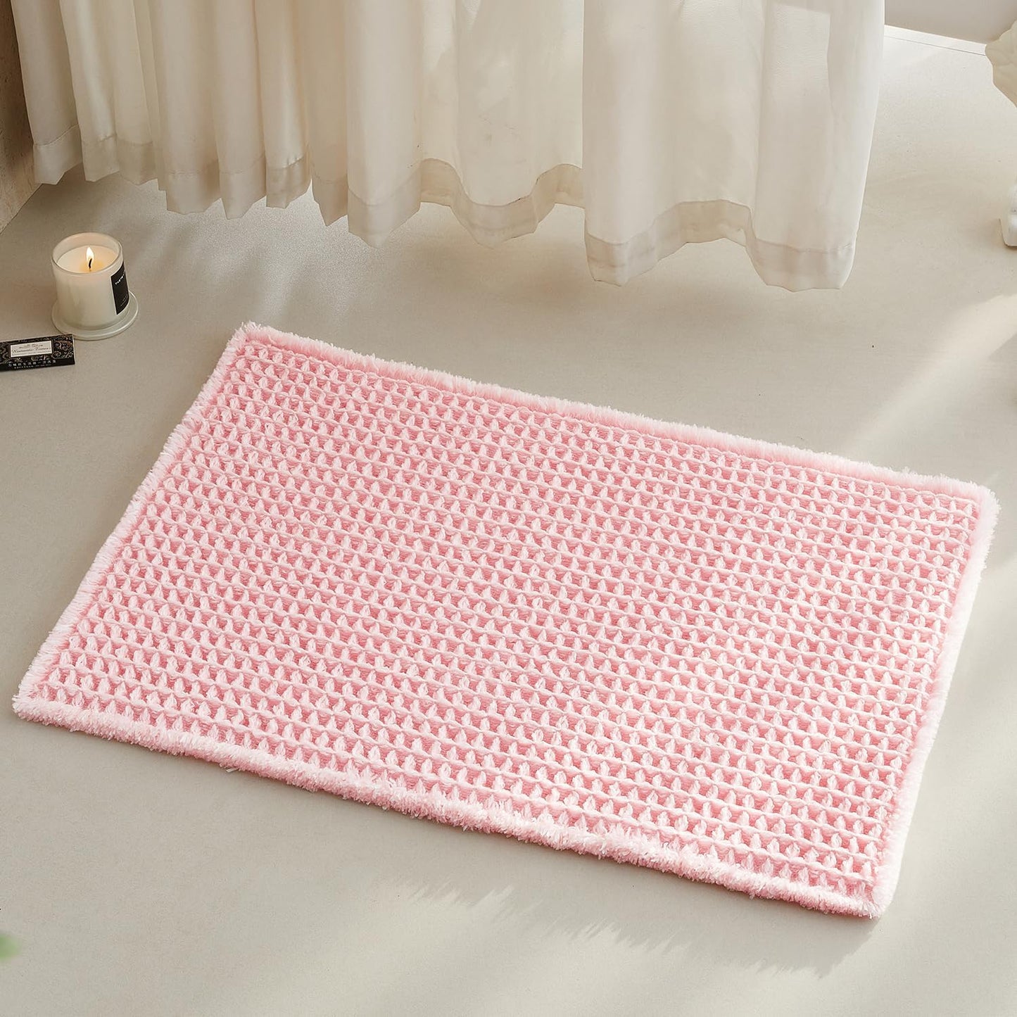 Light Peachy Pink Bathroom Rugs, Waffle Bath Mat Non Slip Washable Quick Dry Cute Bath Mat Boho Farmhouse Bathroom Decor, 30"x20" Light Peachy Pink