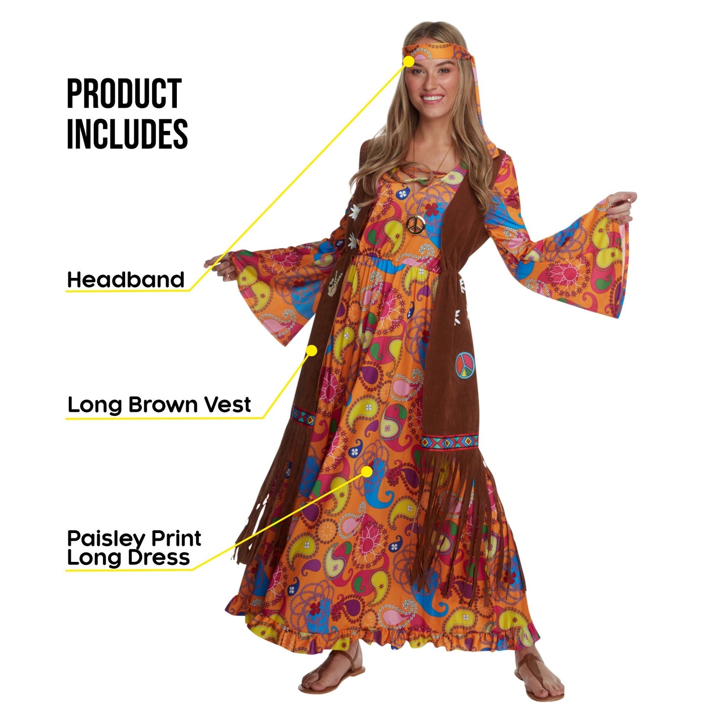 Morph 70s Costume For Women, Hippie Costume For Women, 70s Long Dress, Womens 60s Halloween Costumes, Large