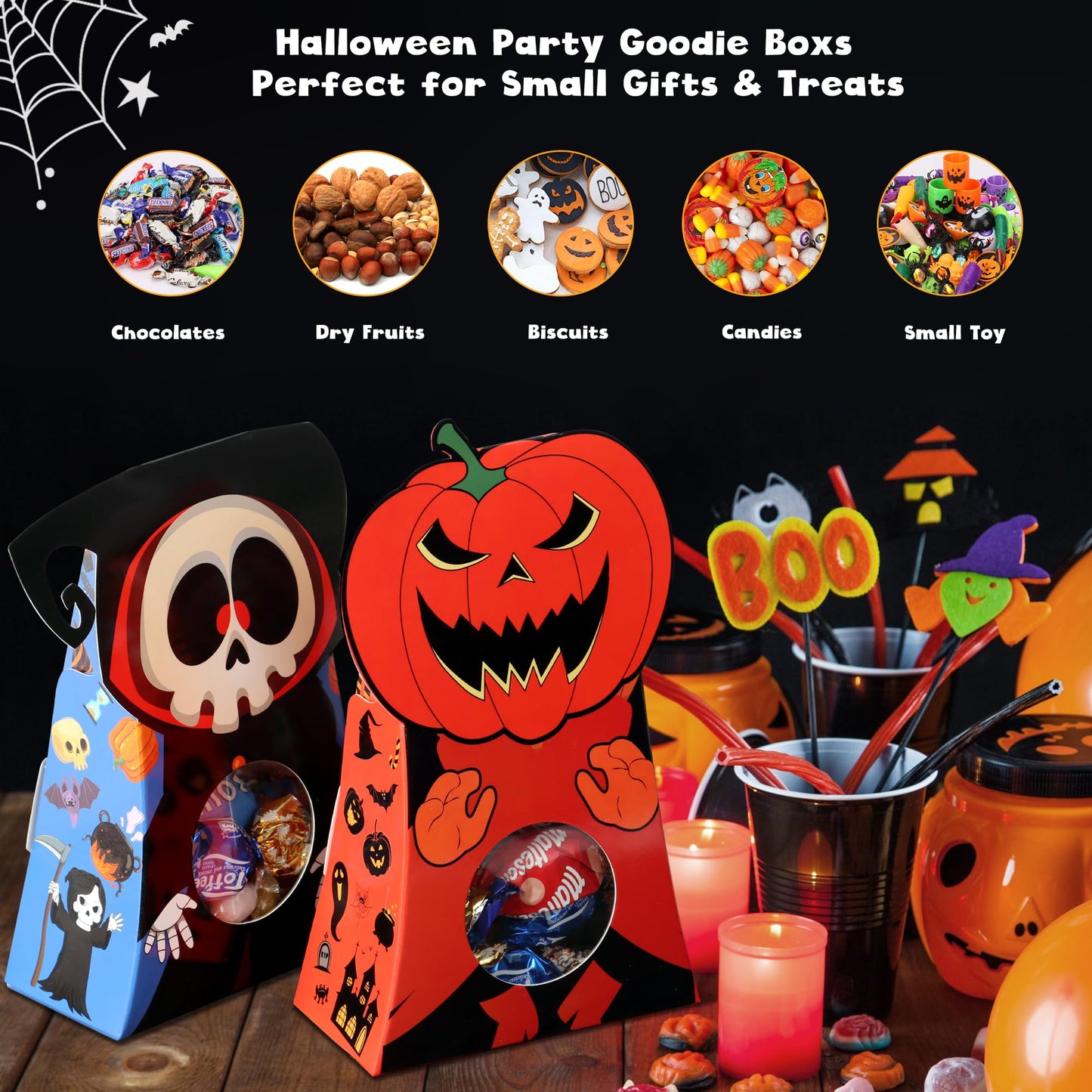 Giiffu 54 PCS Halloween Treat Boxes, Candy Goodie Bags with Window - 9 Designs for Kids Party Favors, Classroom Exchange, Trick or Treat Supplies