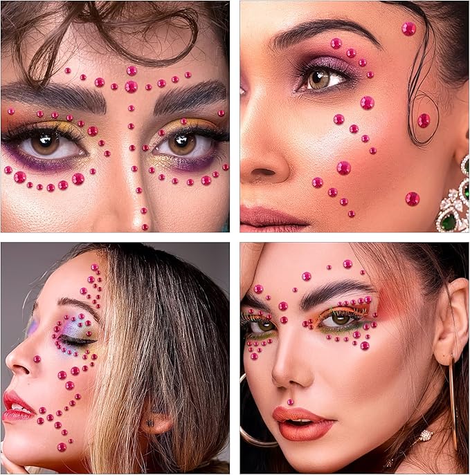 591pcs Face Gems Hair Gems Pearls, Self-Adhesive Face Jewels Eye Rhinestones 3/4/5/6/8 mm Face Gem Stick on, Halloween Makeup Gems Rave Accessories for Face Eyes Body Makeup (01.Rose red)