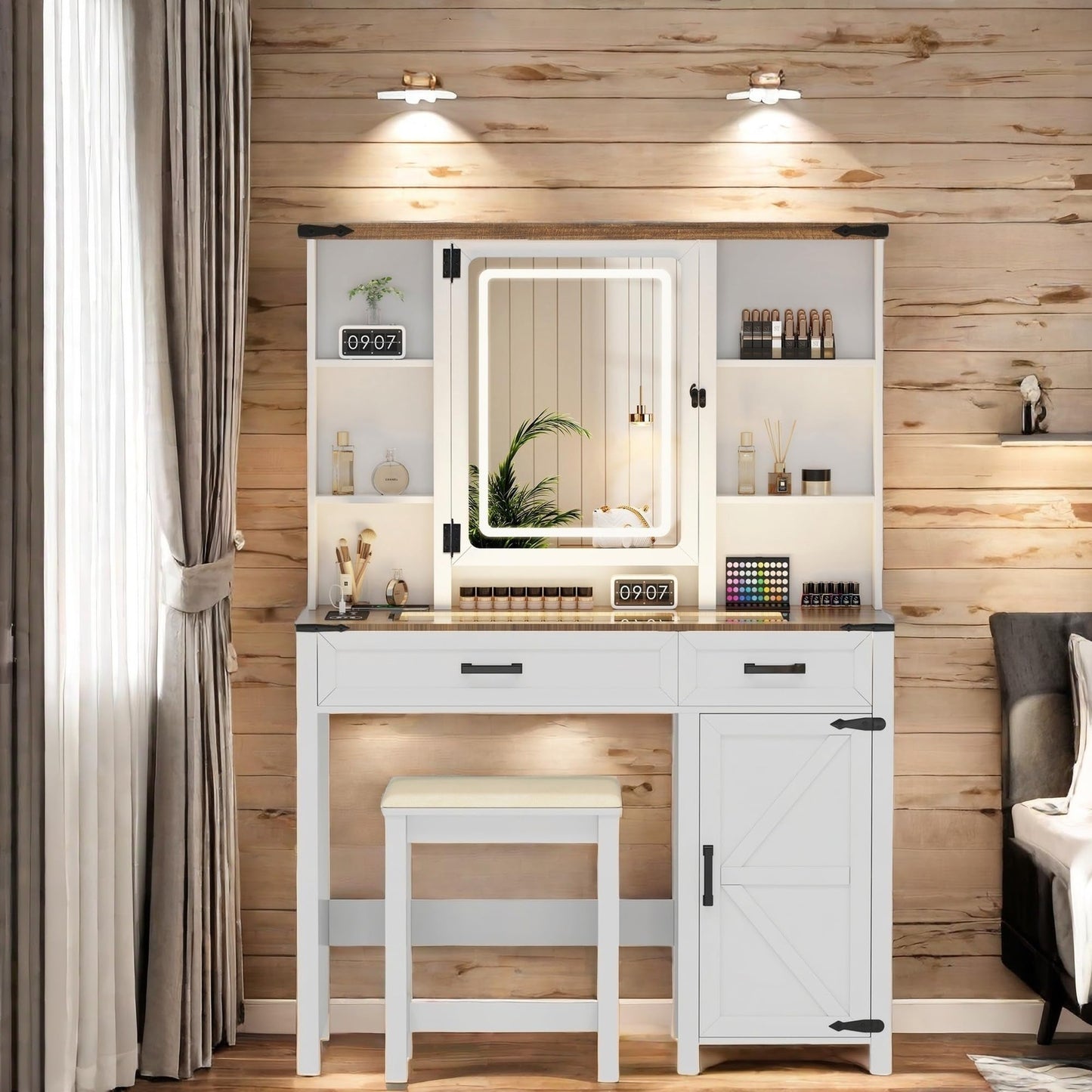 GlasFlength Farmhouse Makeup Vanity with Lighted Mirror,Vanity Desk with Charging Station,Vanity Table with Hidden Jewelry Cabinet,40'' Makeup Table with Glass Tabletop,Stool Included,Vintage White