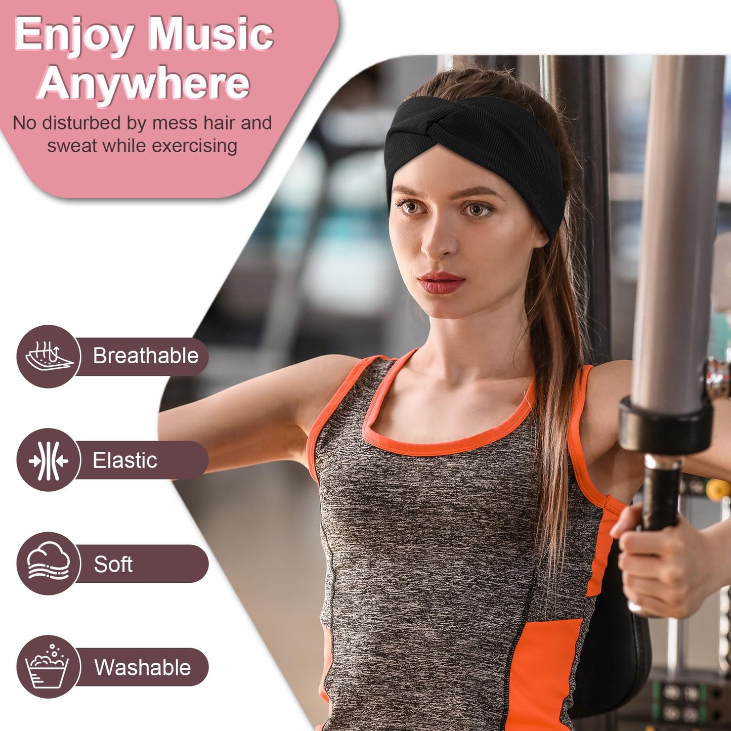 2-Pack Headband Headphones with Thin HD Speakers, Bluetooth Headband for Women, Stylish Knotted Design, Wireless Bluetooth Headphones for Workout, Daily Life, Yoga, Travel, Meditation - Red&Black