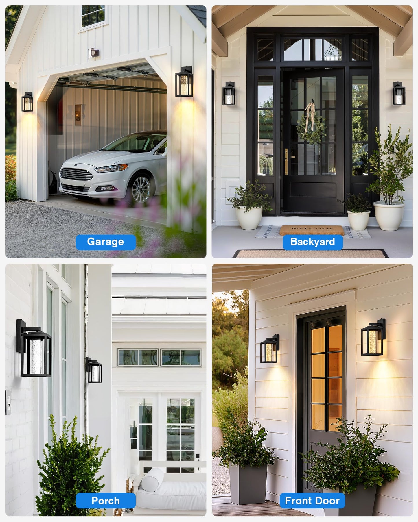 VIANIS Black Exterior Lighting Fixtures Wall Mount for House, 2 Pack Dusk to Dawn Outdoor Porch Light with Integrated 10W LED Light Source Crystal Bubble Glass, Anti-Rust Exterior Wall Sconce Lantern