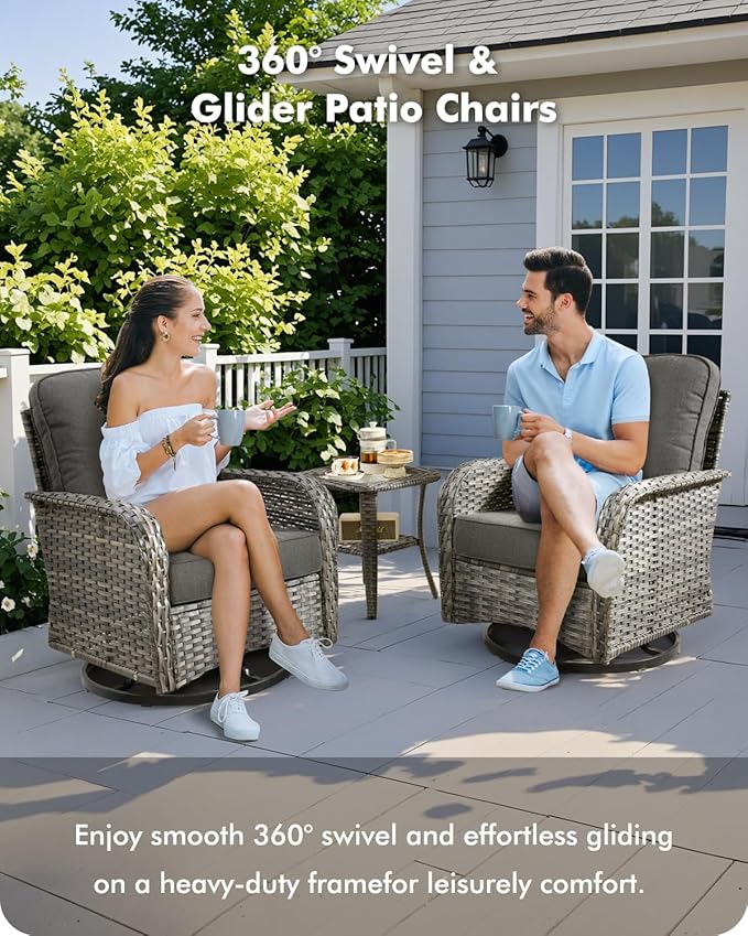 7-Piece Wicker Patio Furniture Set, All-Weather Rattan Conversation Bistro Loveseat Chair and Patio Rockers Set for Backyard, Balcony and Deck with Soft Cushions and Metal Table(Black)
