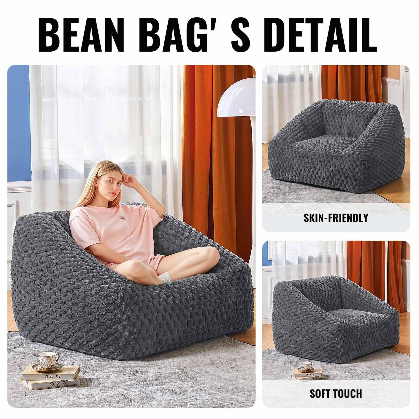 Comfy Bean Bag Chair for Adults with Filling,Giant Beanbag Chairs Memory Foam Bean Bag Chairs with Armrests,Beanbag Chair Lazy Floor Sofa for Bedroom Livingroom