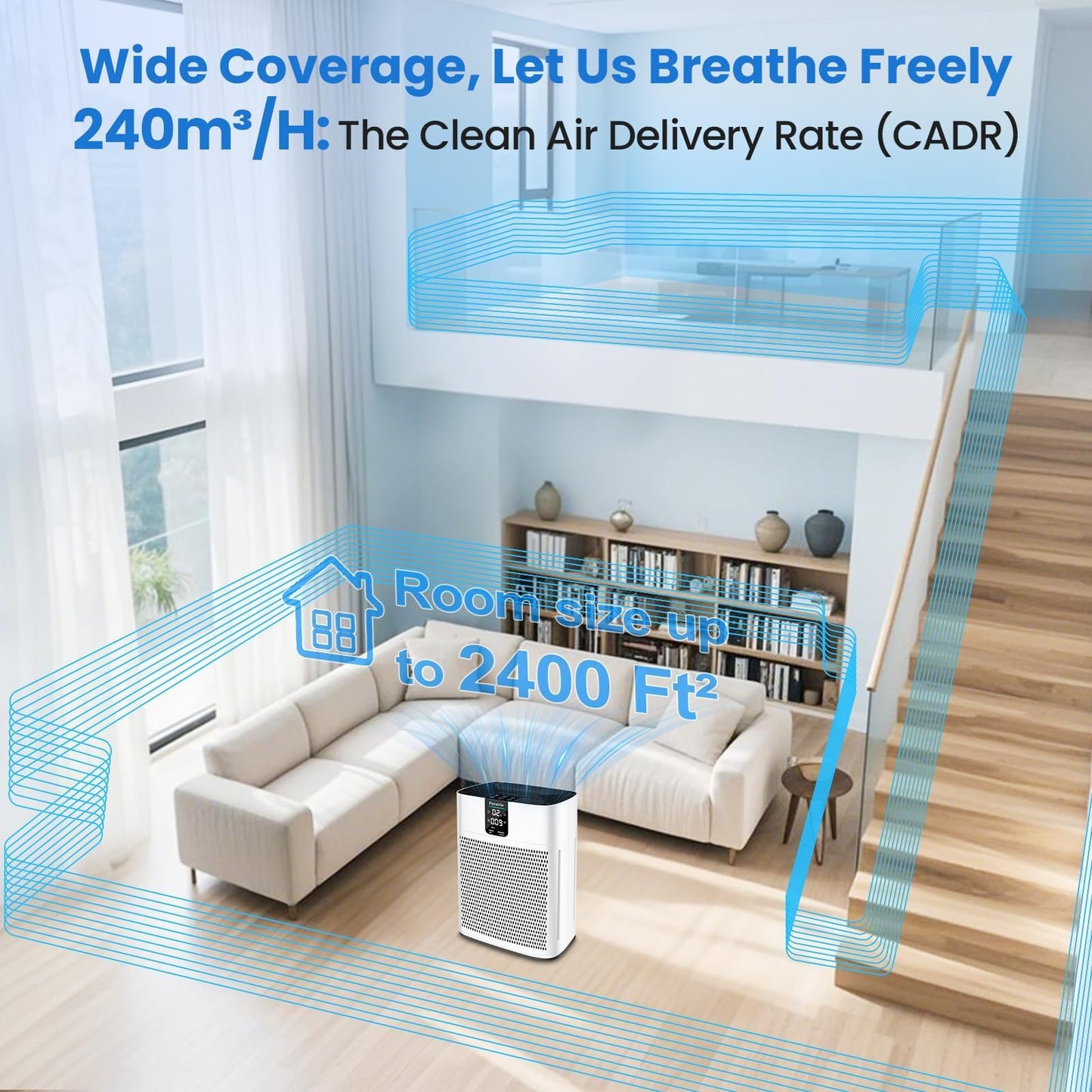 Air Purifiers for Home Large Room Up to 2400 sq.ft, HEPA Air Purifier for Pets Hair Dander Odor, Smart Air Cleaner with Sleep Mode 22dB, App Control, Air Quality Sensor Bedroom Office (Bright White)
