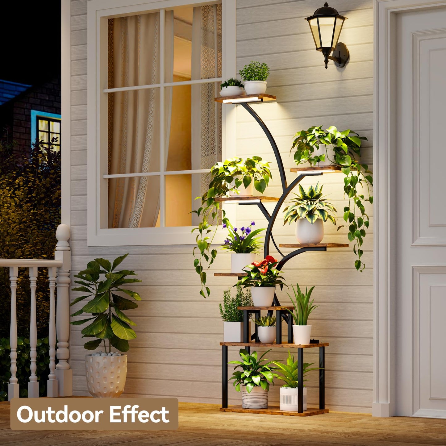 CYXPHION C3 Plant Stand Indoor with Grow Lights, 8 Tiered 62.2" Tall Plant Stand, Corner Large Metal & Wood Plant Shelf, S-Shaped Plant Display Shelves for Living Room, Patio, Outdoor