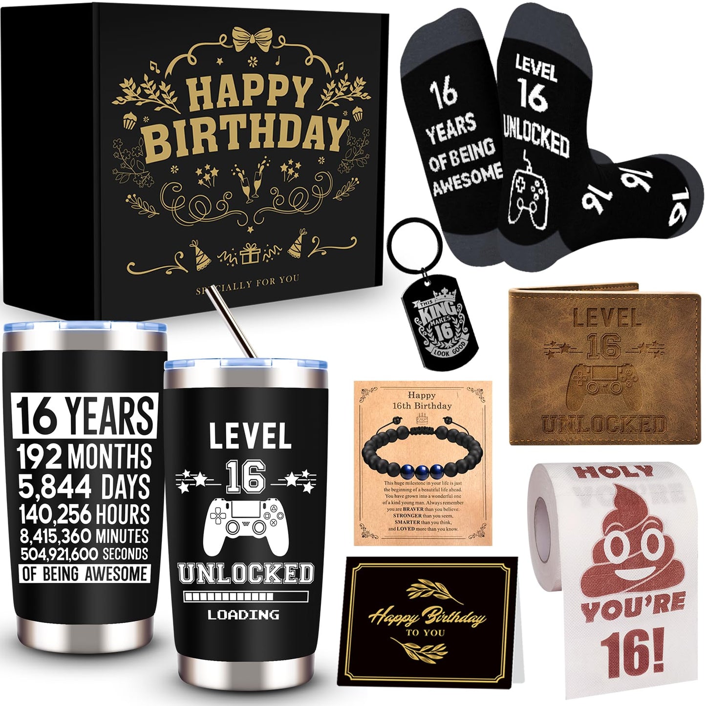 JTAMOHI 8 Pcs Happy 16th Birthday Gifts for Boys, 16 Year Old Boy Birthday Gifts Ideas with 20 Oz Tumbler, Funny Socks, Toilet Paper, Teen Wallet, Bracelet, Keychain for Son, Nephew, Grandson, Brother