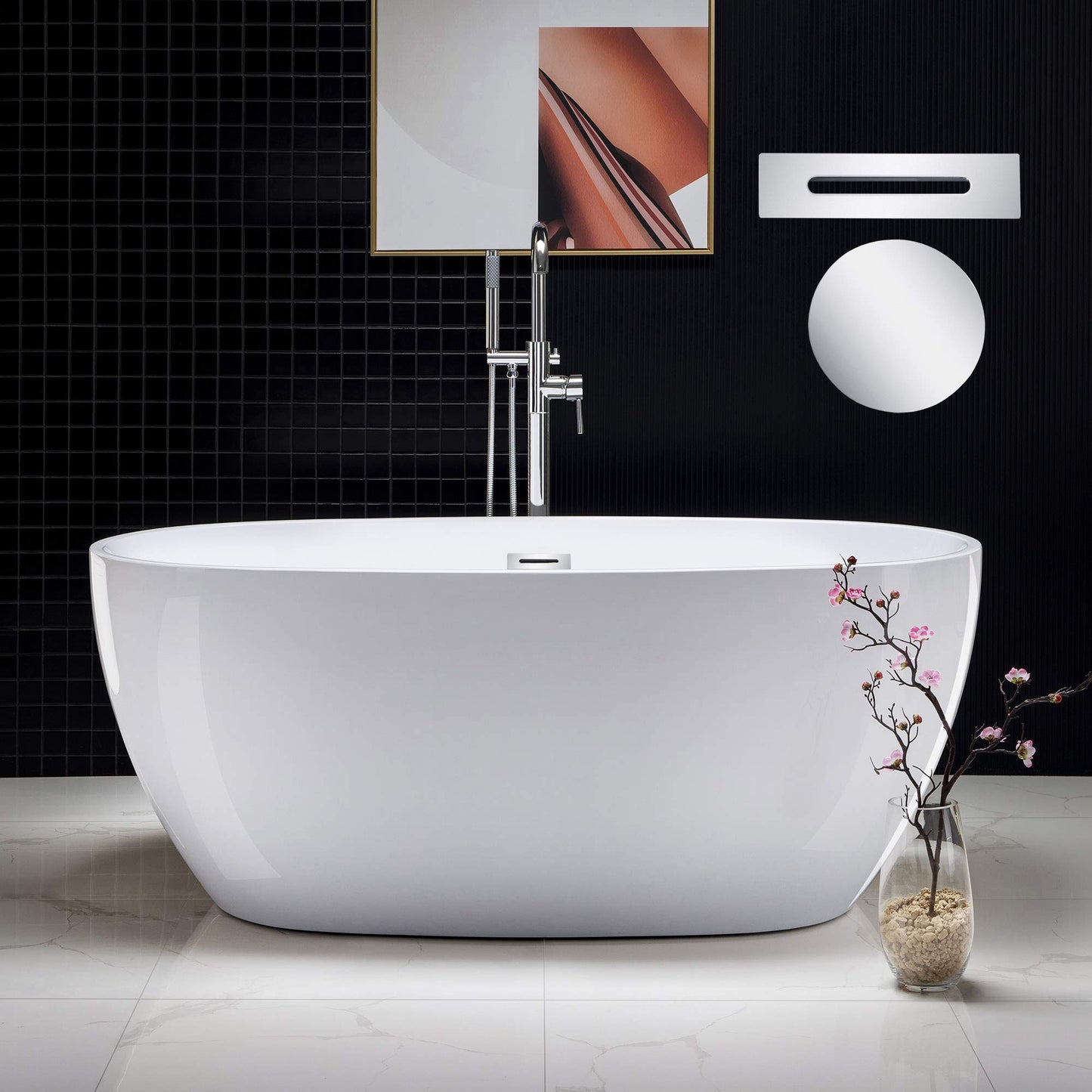 WOODBRIDGE 59" Acrylic Freestanding Bathtub Contemporary Soaking Tub, White Acrylic (Chrome Drain/Overflow),BTA1518 -C-Drain &O