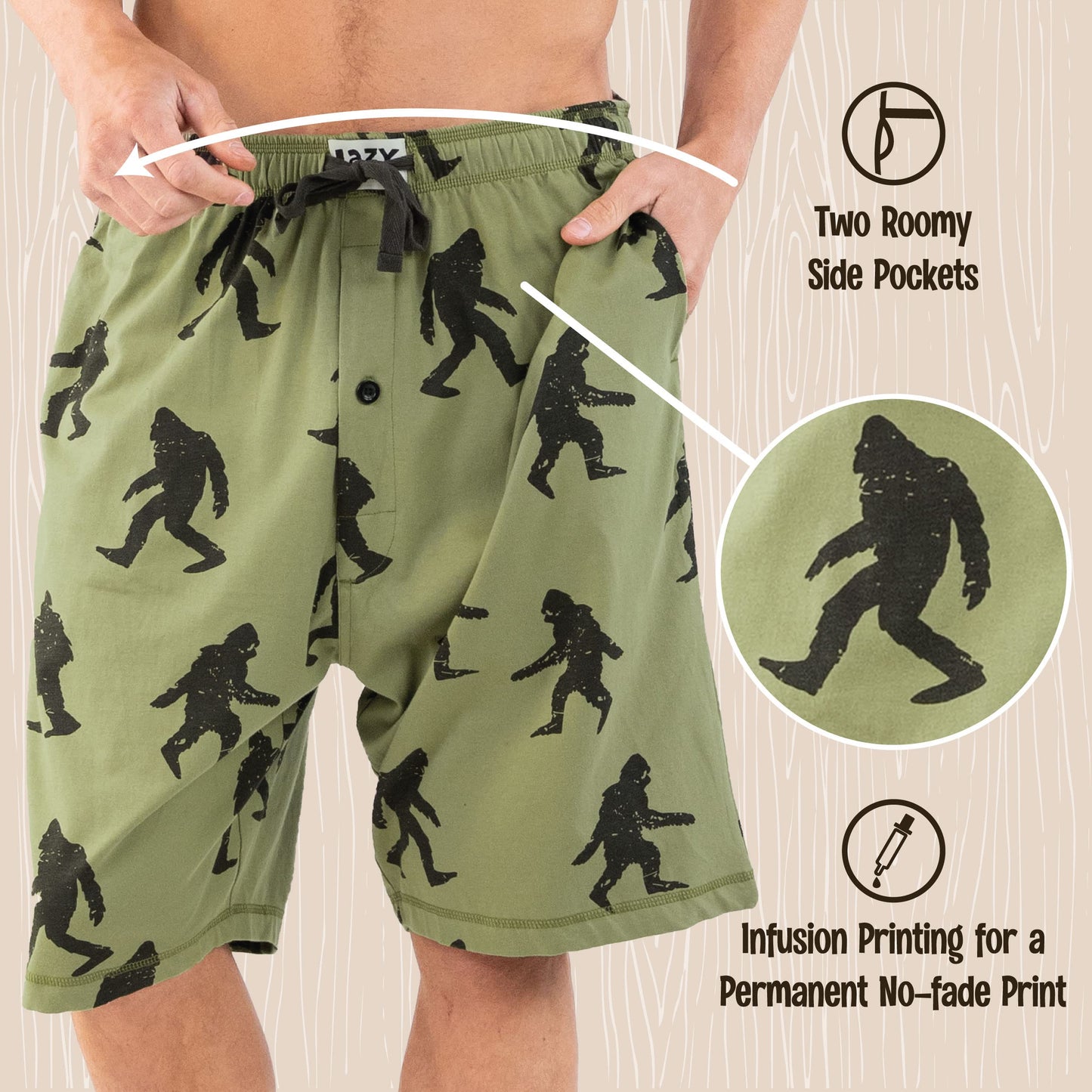 Lazy One Pajama Shorts for Men, Men's Pajama Bottoms, Sleepwear, Mythical, Creature (Bigfoot, XX-Large)