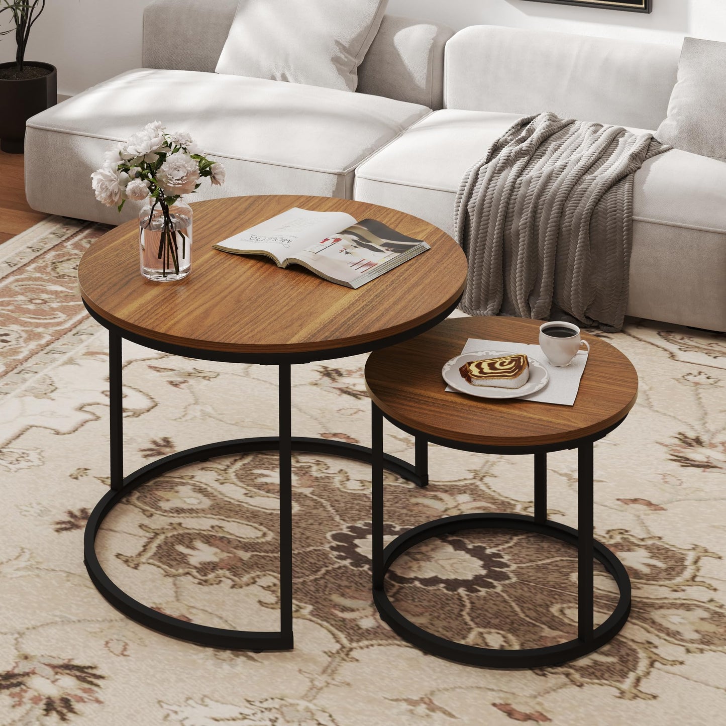 Otterease Nesting Tables Set of 2, Round Coffee Table, Small Nesting Coffee Table with Adjustable Non-Slip Fee, Wood Grain Top Nesting Tables for Living Room, Bedroom (Wood Grain Brown)