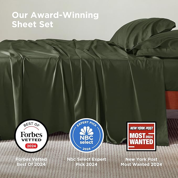 Bedsure California King Sheet Sets, Cooling Sheets, Rayon Derived from Bamboo, Breathable & Soft, Deep Pocket Up to 16 Inches, Hotel Luxury Silky Bedding for Hot Sleepers, Olive Green