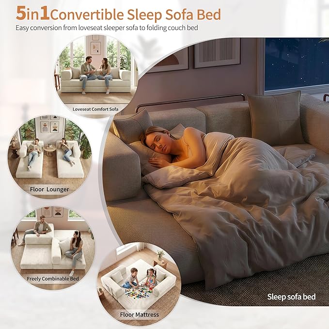 Fancyfire 78.8" Convertible Sofa Bed with Armrest Pillow,4-in-1 Sleeper Couch Bed for Livingroom,Modular Corduroy Boneless couches,No Assembly (Beige)