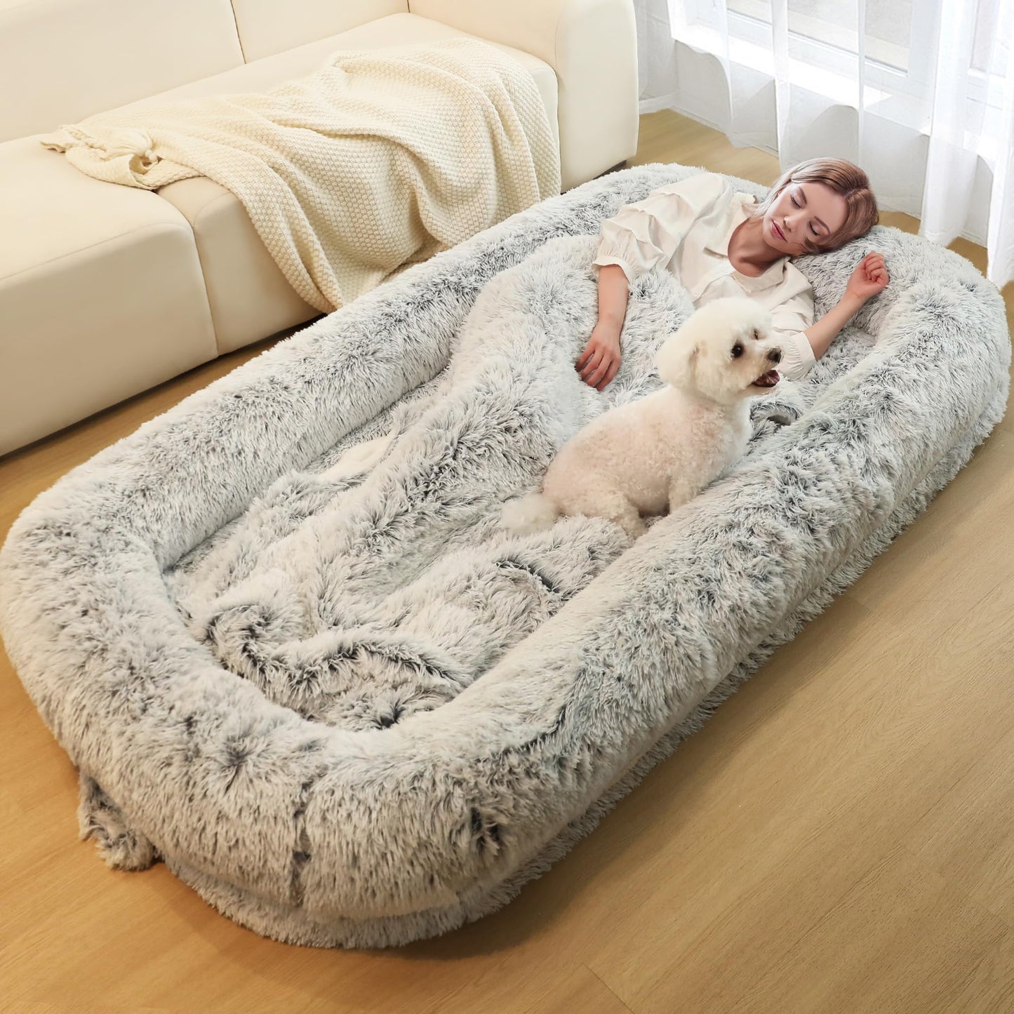 Murago Human Dog Bed for Adults, 46 x 10 x 76 Long Human Size Dog Bed, Removable Cover, Orthopedic Design, [Light Grey]