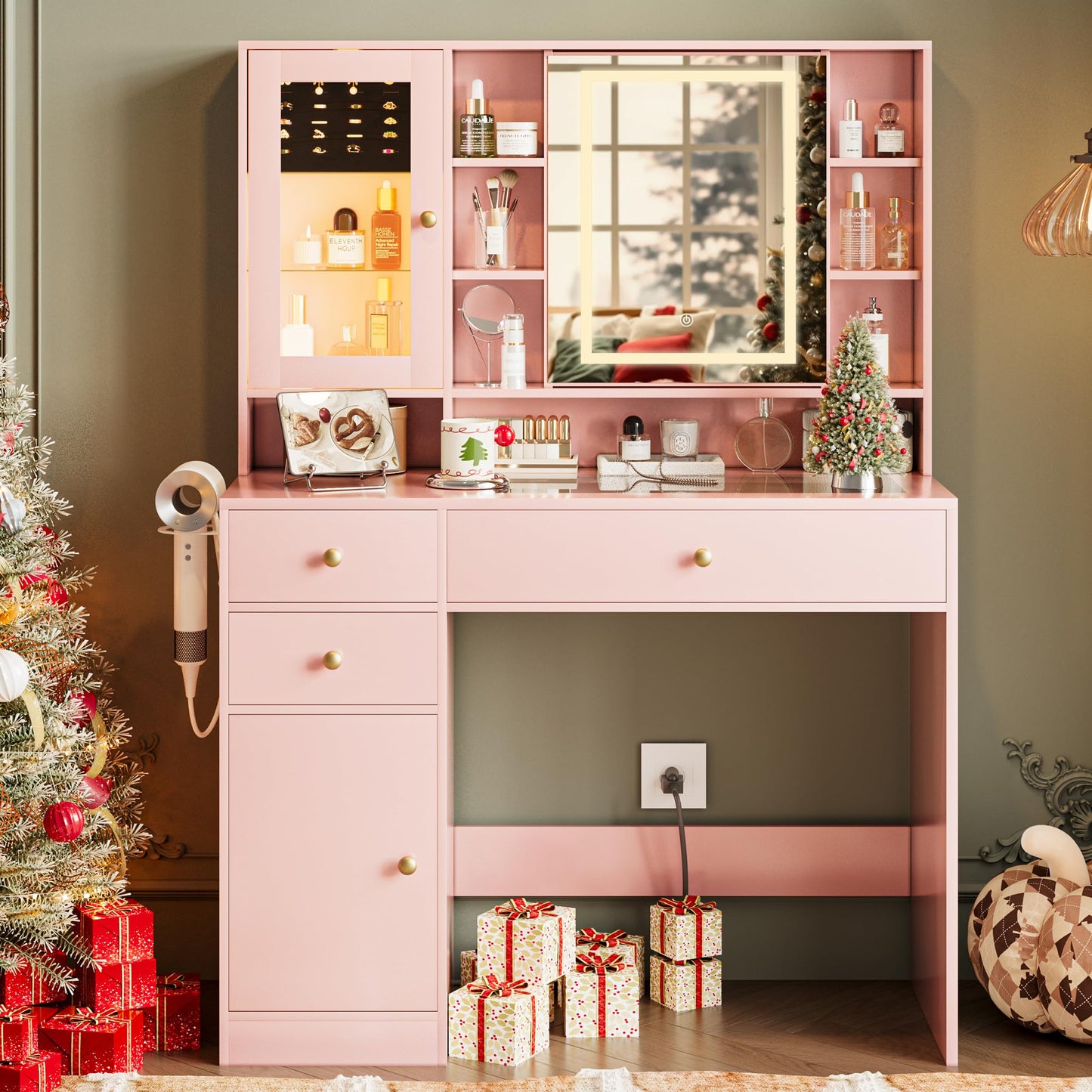 yesasin Vanity Desk with Mirror and Lights Makeup Vanity Desk with Lights 3 Colors 38" Dressing Table with Drawer and Cabinet for Bedroom Transparent Glass Top Power Outlet for Bedroom Pink