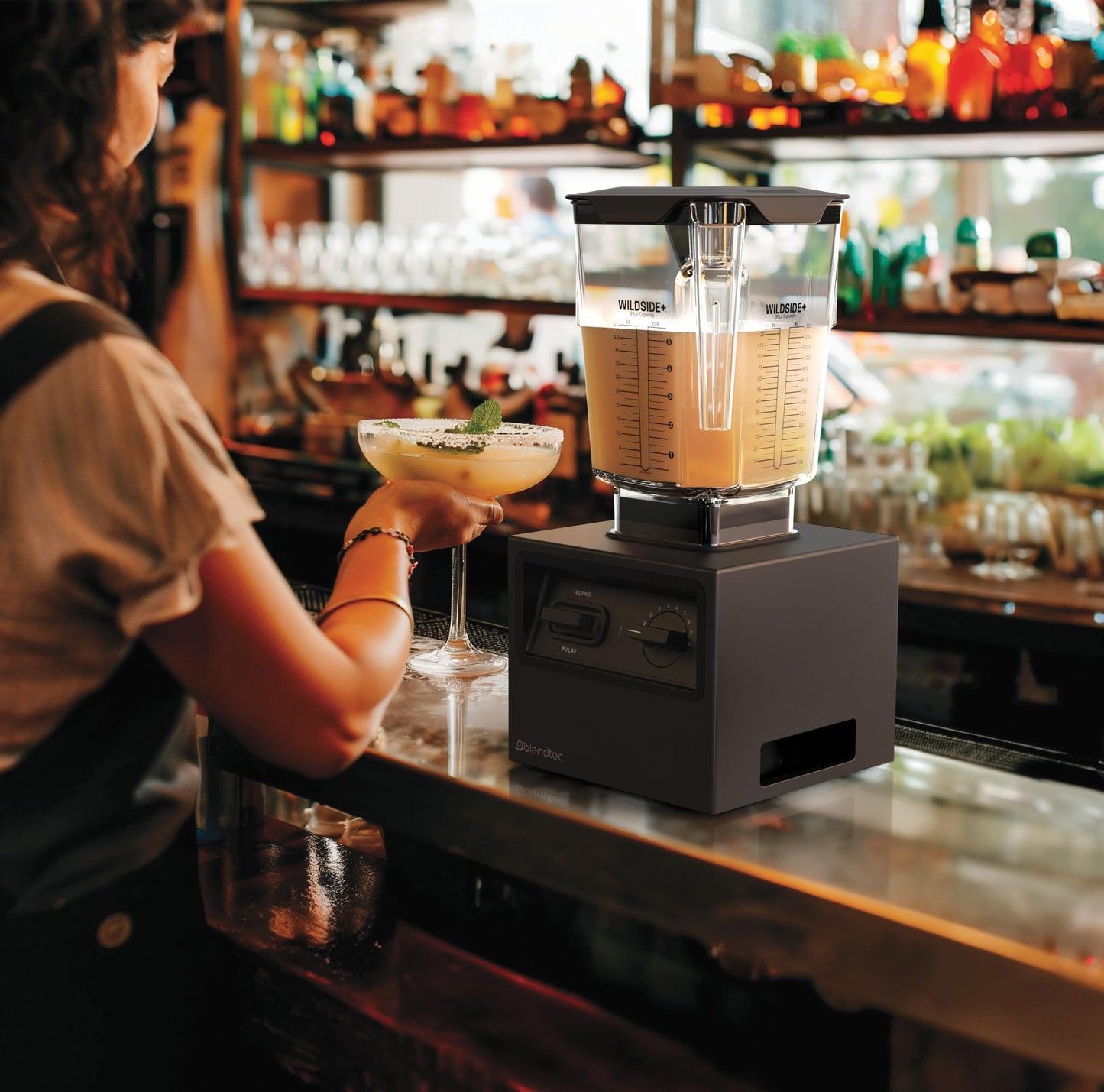 Blendtec Bar Blender Commercial Grade with 90oz Total Capacity Wildside+ Jar with cone lid – Easy to use with powerful motor for smooth textures - Black