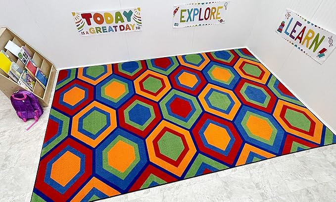 KIDCARPET.COM Sitting Hexagons Area Rug, 4' x 6', Multicolored | Kids Rug for Playroom, Classroom, Carpet for School, Nursery | Colorful Children's Classroom Area Rugs for Kids