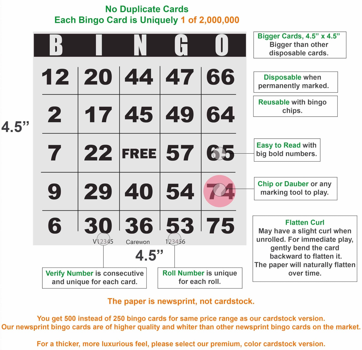 Carewon 500 Bingo Cards, Large 4.5" x 4.5", Paper Bingo Sheets, Disposable or Reusable for Daubers or Chips