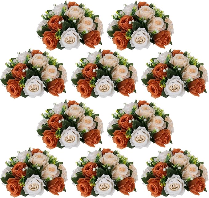 NUPTIO Terracotta Flower Ball Centerpieces: 10 Pcs Artificial Rose Kissing Balls for Wedding Party Tables - Faux Silk Floral Arrangements for Fall Home Thanksgiving Event Dining Decorations