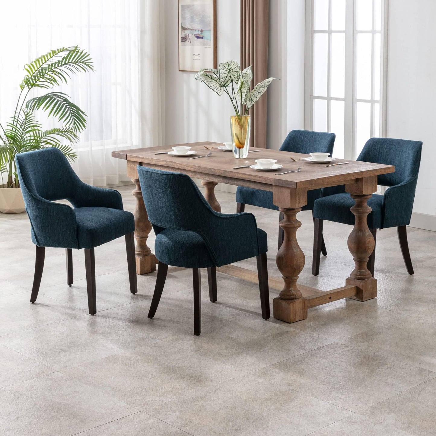 DM Furniture Linen Dining Chairs Set of 4 Upholstered Accent Chairs Side Chair with Wood Legs for Living Room/Dining Room/Bedroom/Restaurant, Blue