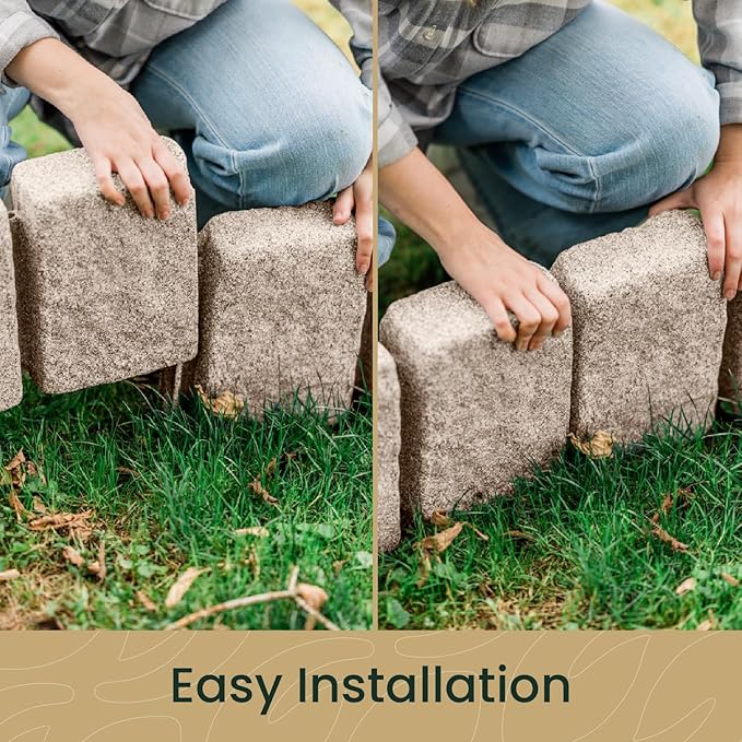 Beuta Landscape Edging | Garden Edging Border | Faux Stone Block XL for Lawn Edging, Flower Beds & Yard Edging – 1 Pack | Each Section Has 6 Blocks 48" L x 4" W x 9.5" H | 3 Spikes | Cobblestone