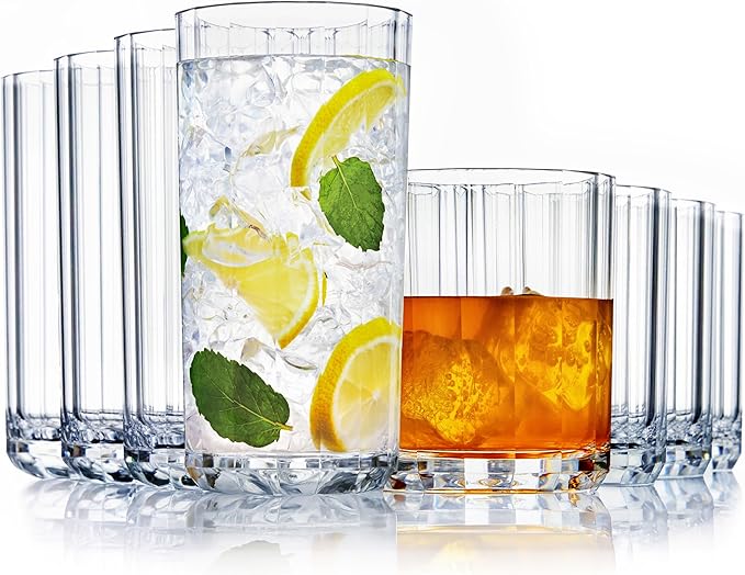 US Acrylic Faceted Clear Plastic Reusable Drinking Glasses (Set of 8) 14oz Rocks & 18oz Water Cups, BPA-Free Tumblers, Mad...