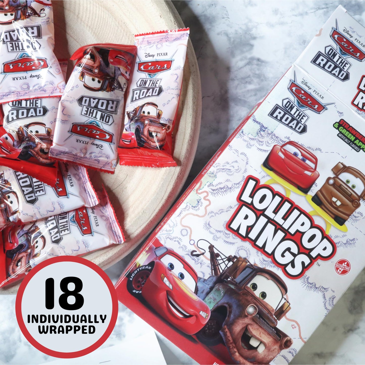 Disney Pixar Cars Candy Individually Wrapped Lollipop Rings, Lightning McQueen and Mater Decorated Suckers, Birthday Party Favors, 18 Count