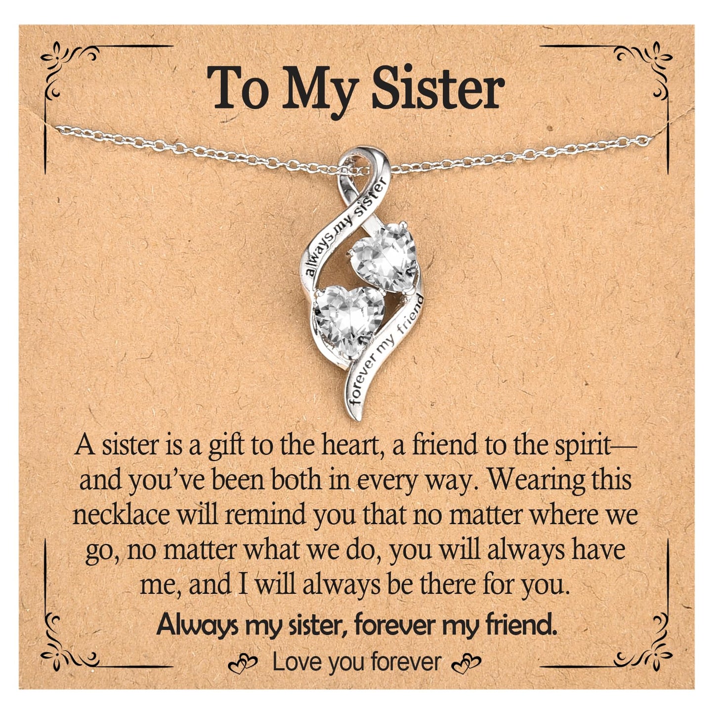 PODLEV Sister Gifts from Sisters Brother, Silver Infinity Double Heart Cubic Zirconia Pendant Charm Necklace for Gifts Women, Birthday Anniversary Graduation Christmas Jewelry Present To My Sister