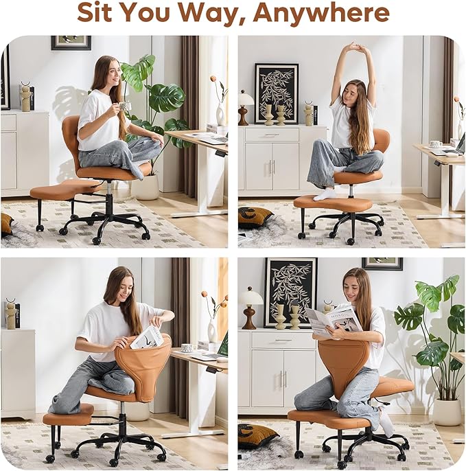 YFO Ergonomic Cross Legged Office Chair and ADHD Meditation Chair with Silent Wheels for Home Office Desk Chair and Yoga, Wider Backrest Support and Storage Pockets Design, PU Leather, Orange