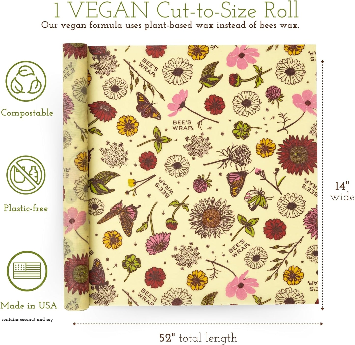 Bee's Wrap Vegan Beeswax Wraps for Food - Cut to Size 14x52" Wax Paper Roll, Made in USA Reusable Waxed Paper & Bowl Covers, Organic Eco-Friendly Alternative to Aluminum Foil, Meadow Magic